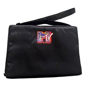 Vtg MTV 48 Cassette Tape Storage Case Music Television Black Zippered EUC Retro